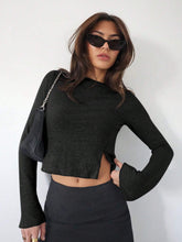 Women's Back To School Shirts Fitted Shirt Grey Ribbed Knit Asymmetrical Split Hem Bell Sleeve